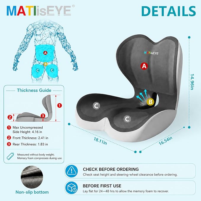 Ergonomic Memory Foam Seat Cushion with Strap for Office Chair, Double Grey | Contoured coccyx cutout supports back and butt, with a non-slip base and washable cover for office chairs and cars.