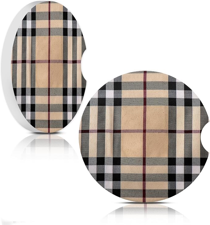 Car Coasters for Cup Holders, Car Cup Holder Coaster, Cute Car Accessories for Women Interior, 2PCS Cup Holder Coasters for Car, Anti Slip Rubber Cup Mat with A Finger Notch(Beige Plaid)