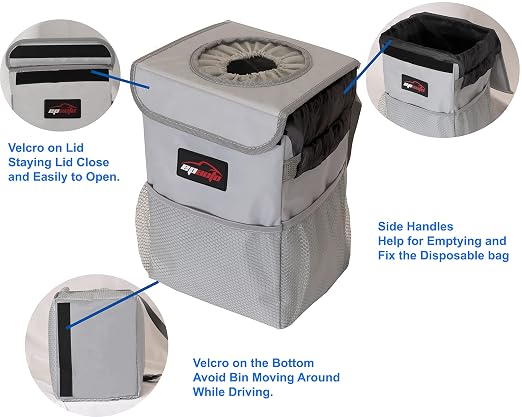 EPAuto Waterproof Car Trash Can with Lid and Pockets, 2.5 Gal, Gray | Leakproof, Collapsible Multipurpose Car Bin with 3 Side Storage Pockets, Adjustable Straps