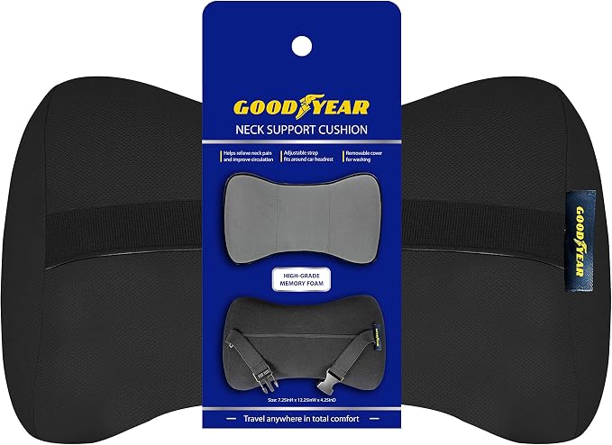 Goodyear Ergonomic Car Neck Pillow, Soft Memory Foam Headrest Pillow for Driving, Breathable & Removable Cover, Car Seat Headrest Cushion with Adjustable Strap, Neck Pain Relief, Grey