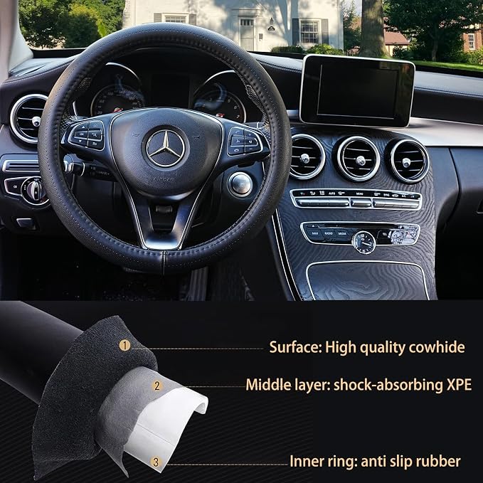 Black Genuine Leather Car Steering Wheel Cover Men Women,Cowhide Wheel Cover,Soft,Breathable,Anti-Slip,Luxury Steering Wheel Cover,Universal Standard Size 14.5-15 inch(M)