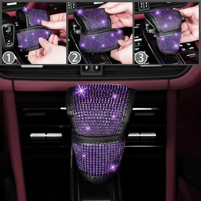 NBTEPEM 30 Pcs Purple Bling Car Accessories Set for Women, Purple Steering Wheel Cover Set, Bling Console Cover, Seat Belt Cushion, Shift Knob Cushion, Cup Coaster, Rhinestone Car Hanging Accessories