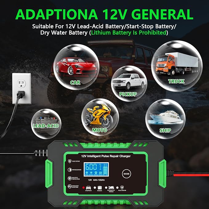 12V 6-Amp Battery Charger, Smart Trickle Charger Maintainer Green | Battery Desulfator, Winter & Summer Mode, Lead-acid Battery Chargers, for Car Truck Motorcycle Lawn Mower Boat