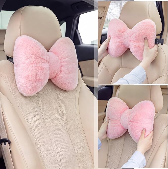 Macarrie 2 Pcs Pink Car Neck Pillow Imitation Rabbit Fur Bow Pillow | Soft Comfortable Seat Headrest Support, Cute Bow Car Accessories, Driving Travel Driver Chair Girl Interior Decor, Solid
