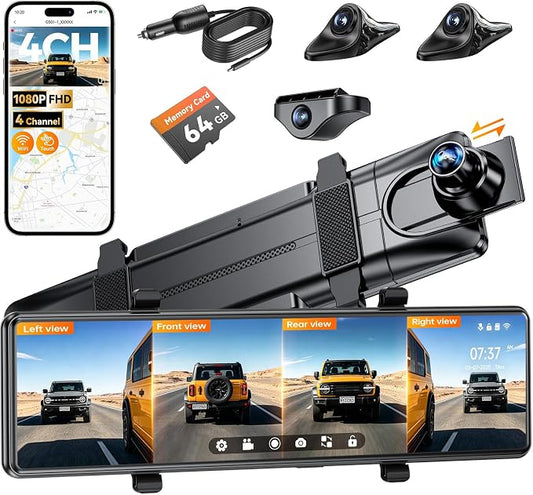 4 Channel Mirror Dash Cam,12" Rear View Mirror Camera,1080P Front Rear Left Right Dash Camera for Car, WiFi Smart Rear View Mirror Camera with 64GB Card, Night Vision, 24H Parking Monitor, G-Sensor