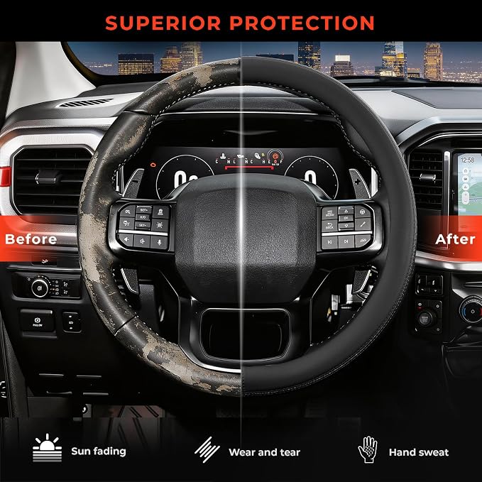 Steering Wheel Cover for Ford F150 F250 F350 1997-2026, Fit 15.5-16" Wheels (Black)