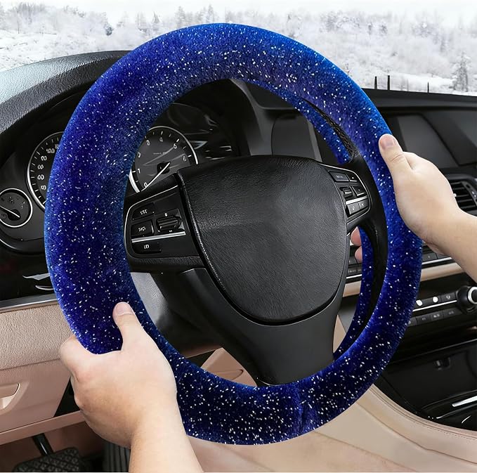 Blue Bling Starry Sky Furry Steering Wheel Cover, Universal 14.5-15 Inch Winter Plush Warm Steering Wheel Cover, Soft Fluffy, Anti-Slip Design, Soft Texture