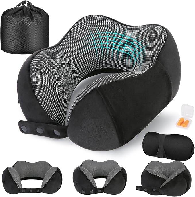 Cirorld Neck Pillow for Traveling, Travel Pillows for Airplanes,100% Pure Memory Foam Travel Neck Pillow, Adjustable Flight Pillow, Portable Plane Accessories with Eye Mask, Earplugs, Carry Bag