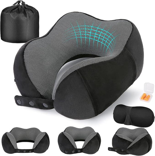Cirorld Neck Pillow for Traveling, Travel Pillows for Airplanes,100% Pure Memory Foam Travel Neck Pillow, Adjustable Flight Pillow, Portable Plane Accessories with Eye Mask, Earplugs, Carry Bag