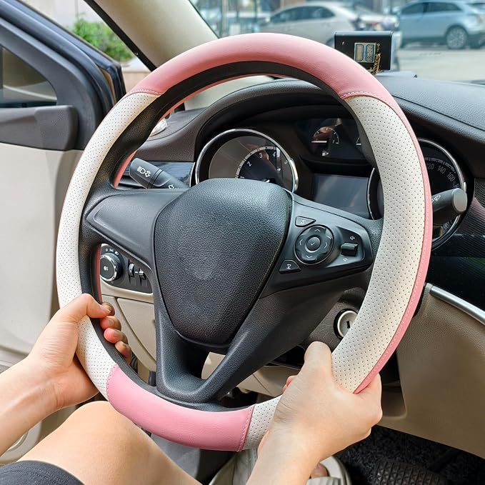 Breathable Perforated Leather Steering Wheel Cover, Universal 15-inch car Steering Wheel Grip, Soft and Comfortable, Breathable and Non-Slip, Suitable for sedans, Vans, SUVs (Pink)