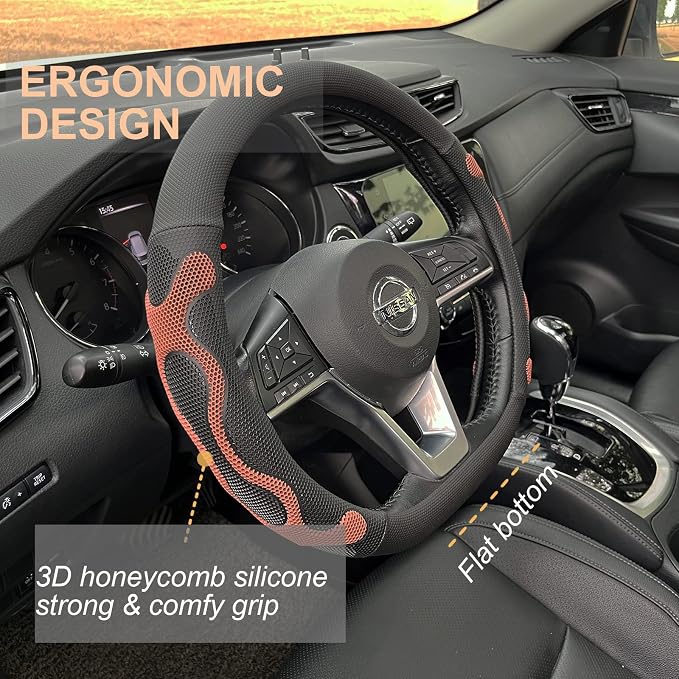PINCTROT D Shaped Comfy Grip Steering Wheel Cover, Anti-Slip Design, Flat Bottom 14.5-15 Inch(Silicone Brown)