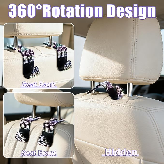 BFXM 6 Pack Bling Car Seat Headrest Hooks, Bling Car Accessories for Women, Rhinestone Purse Hook for Car, Universal Storage Organizer for Handbag Grocery Bags Coats (Bling Colorful)
