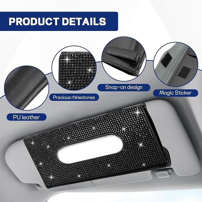 Bling Car Tissue Holder for Sun Visor, Crystal Rhinestone Visor Tissue Box, Leather Vehicle Paper Towel Case, Sparkling Auto Napkin Holder for Women, Car Accessories Decoration (Black)