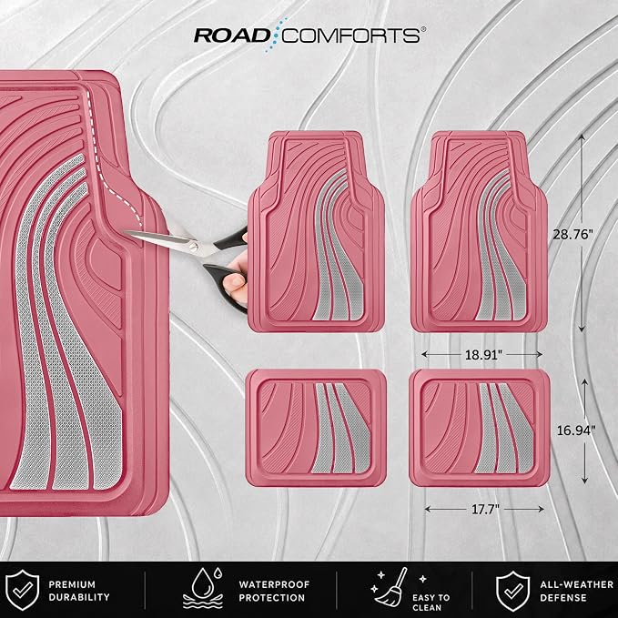 Road Comforts Car Floor Mats Full Set – Front & Rear Car Floor Mats with Aluminum Design, Anti-Slip Backing, All-Weather Protection, Trim-to-Fit Car Mats for Most Sedans, SUVs & Vans -All Pink