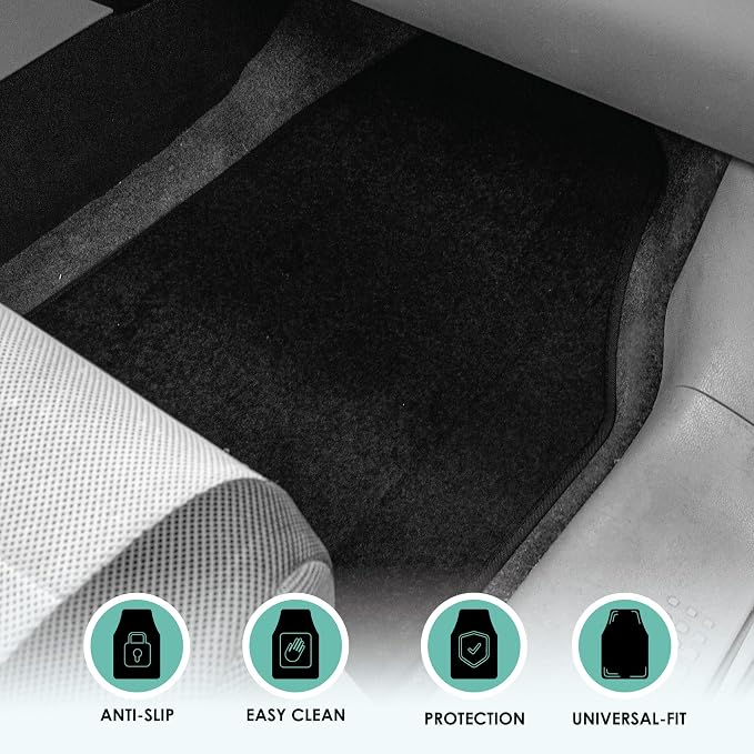 FFH Group Automotive Floor Mats - Carpet Floor Mats for Cars, SUVs & Trucks, 3 Rows Full Set, Universal Fit, Black
