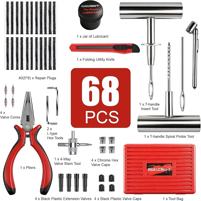 AWELCRAFT 68-Piece All-in-One Heavy Duty Tire Plug Kit – Professional Tire Repair Set, T-Handle Tools, Valve Kit, 40 Plugs, Pliers, Knife – Universal for Car