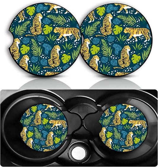 Tiger Car Cup Holder Coasters Set of 2 – Fun Tiger Car Accessories 2.75" Universal Size Anti Slip Rubber Mat Recessed Auto Insert Coasters Decor Tigers Gifts for Women Men Dad Grandpa