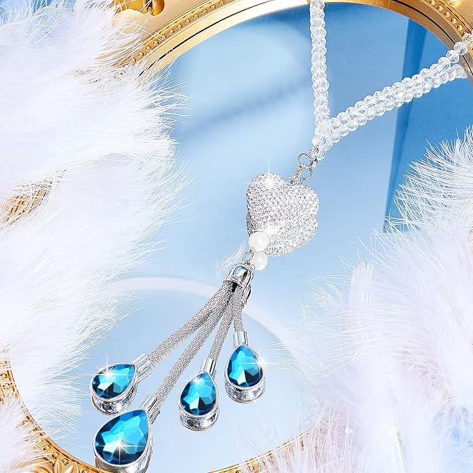 Frienda Bling Car Rear View Mirror Accessories for Women Gift Cute Heart Crystal Hanging Charm Diamond Decoration Lucky Interior Ornament Pendant(9.8 Inch,Blue)