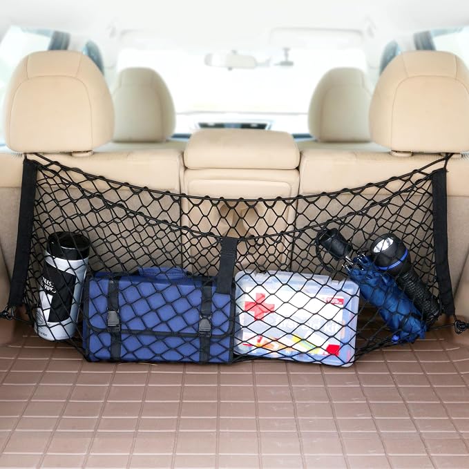 Armor All Cargo Net Organizer, 12” x 31” Inch Expandable up to 47” Inches, Super-Durable Nylon Material, Attaches to Headrest Post, Stretchable Net Car Trunk Organizer with Mesh Pocket, Universal Fit