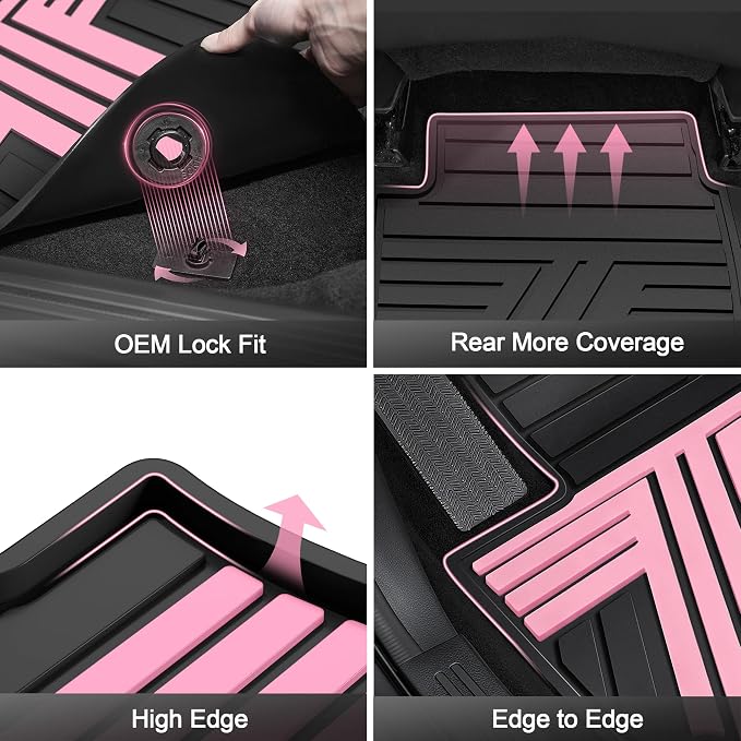 Rubber Floor Mats Fit for Honda CR-V 2012-2016 (Not Fit EX-L & Touring) | Custom Fit for CRV EX & LX & SE Heavy Duty Anti-Slip Car Mats, 1st & 2nd Row, Black & Pink