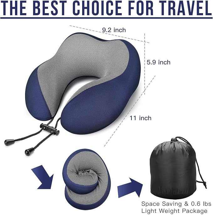 MLVOC Neck Pillow for Traveling, Upgraded 100% Pure Memory Foam Travel Neck Pillow for Airplane Flight Sleep, Breathable & Machine Washable Cover, Travel Kit with 3D Eye Mask, Earplugs & Bag, Blue | memor foam