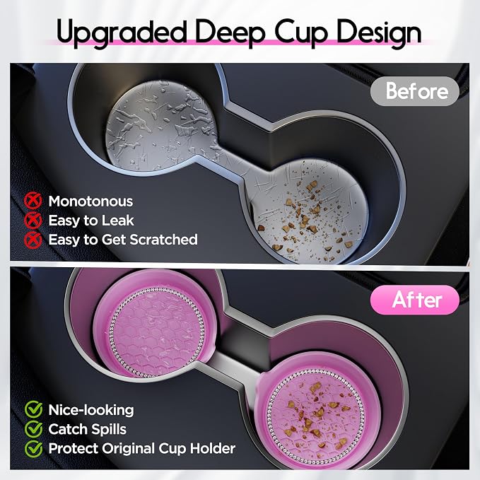 Amooca Car Cup Coaster Universal Non-Slip Cup Holders Bling Crystal Rhinestone Car Interior Accessories 4 Pack Pink