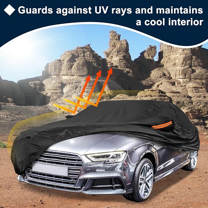 Black Heavy Duty Waterproof Car Cover for Sedan 179"-185" - All-Weather UV Protected Outdoor Full Exterior Cover with Sun/Snow/Rain Resistance