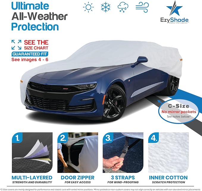 EzyShade Multi-Layer Waterproof Sports Car Cover - See Vehicle Size-Chart - Outdoor Full Exterior Covers for Automobiles - Challenger Charger Monte Carlo Classic Cars. Size C6 (See SizeChart)