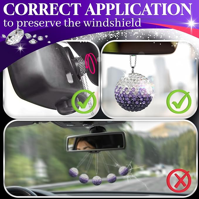 Bling Car Accessories - Elegant 1.37" Crystal Ball Rear View Mirror Charm with Hand-Set Sparkling Rhinestone and 17.7" Long Chain - Bling Rear View Mirror Accessories, Сrystal Сar Hanging Ornament