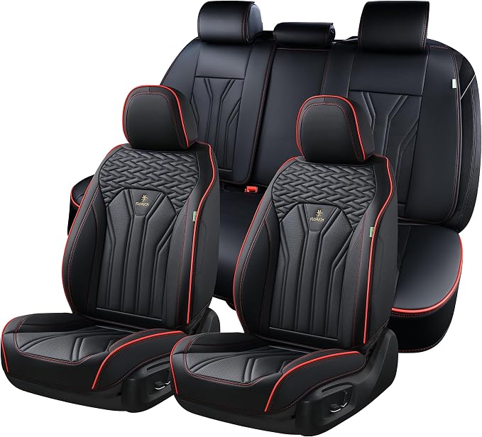 FLORICH Leather Seat Covers, Seat Covers Full Set, Car Seat Protectors 5 Seats, Automotive Seat Covers Fit for Most Cars Trucks SUV-Black&Red Line