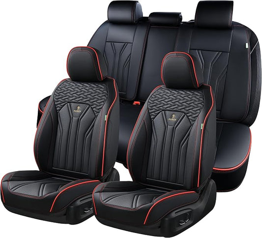 FLORICH Leather Seat Covers, Seat Covers Full Set, Car Seat Protectors 5 Seats, Automotive Seat Covers Fit for Most Cars Trucks SUV-Black&Red Line