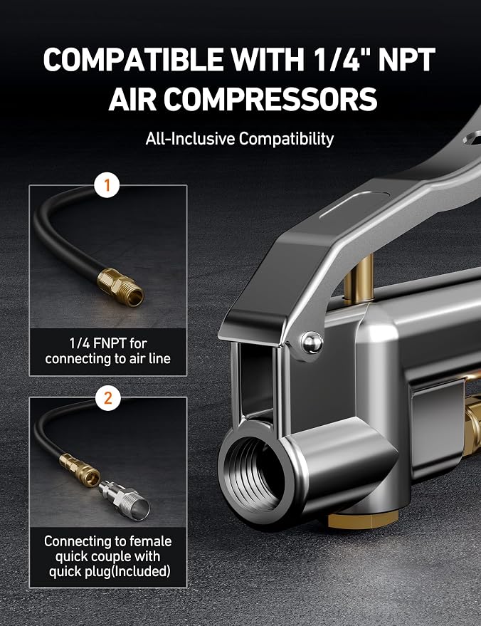 AstroAI 25.6'' Heavy-Duty Tire Pressure Gauge with Inflator, Dual Head Chuck ANSI B40.1 Accurate Tire Inflator with Pressure Gauge, 10-120PSI, Compatible with 1/4" NPT Air Compressor