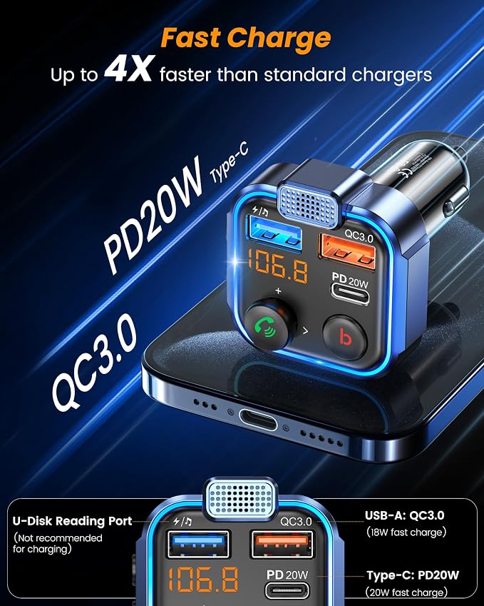 LENCENT FM Transmitter in-Car Adapter, Wireless Bluetooth 5.3 Radio Car Kit | Type-C PD 20W+ QC3.0 Fast USB Charger, Hands-Free Calling, MP3 Player Receiver Hi Fi Bass, Support U Disk
