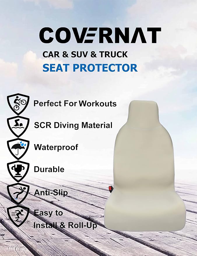 Waterproof Stain Resistant Car Seat Cover for Automotive Van Trucks and SUVs Durable Neoprene Non-Slip Seat Protector with Quick Install Design Perfect for Post Gym Yoga Workout-Khaki