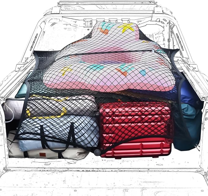 Double-Layer Truck Bed Organizer Net Elastic Cargo Mesh for Pickup Bed | Stretchable Mesh from 4x4 FT up to 7x7 FT | 8 Heavy-Duty Carabiners | 6 Rings Included | Anti-Slip | Easy Install