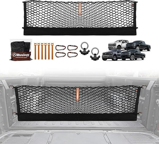 Muslogy Truck Bed Cargo Net Trunk Netting Compatible with 2015+ Ford F150 & 2017+ F250/F350/F450 (Snap-in Tie Down) Accessories, Pickup Cargo Organizer SUV Sedan Storage Net w/Heavy Duty Carabiners