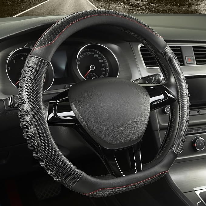 D Shaped Steering Wheel Cover Great Grip with 3D Honeycomb 14 inch | Anti-Slip Silicone Heavy-duty Microfiber Leather Sporty Design, Small 13.5 inch - 14 inch, All Black