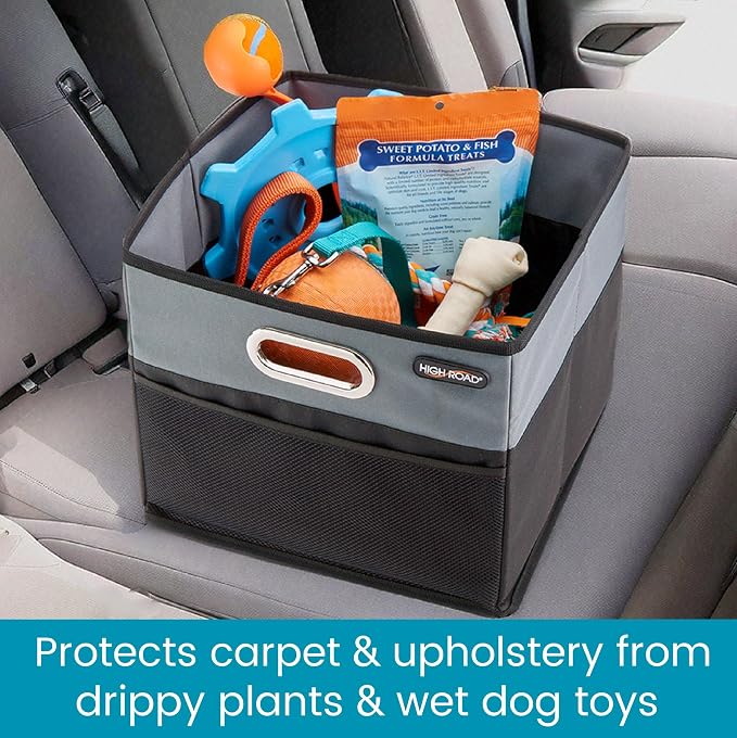High Road CargoCube Car Storage Bin - Leakproof Car Trunk Storage Organizer with Metal Handles and Front Mesh Pocket (Square)