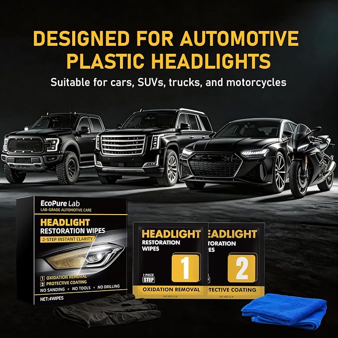 2-Step Headlight Restoration Wipes–No Sanding Car Headlight Restoration Kit with Oxidation Remover&Ceramic Coating,UV Protection,Restore Clear Polycarbonate Lenses(1 Pack)