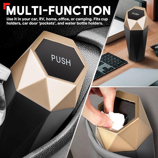 DNA Motoring 2PCS Mini Car Auto Trash Can with Removable Lid, Leakproof Mini Garbage Bin for Automotive Home Office,Black/Gold,Set of 2,ZTL-OD-01-GD