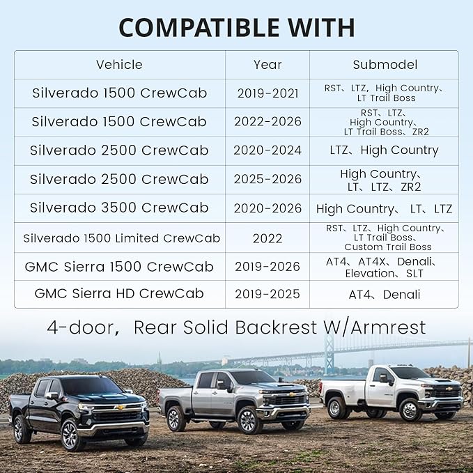 EKR Silverado Seat Covers Custom Fit for (Crew Cab) 2019-2026 Chevrolet Silverado 1500/1500 Limited/HD 2500/3500, Rear Row W/Armrest,Faux Leather(Black/Gray)
