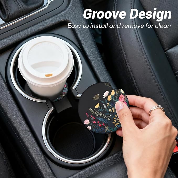 Car Cup Holder Ceramic Coasters 2 Pack, 2.56 in Anti Slip Absorbent Coaster with Cork Base and Finger Notch, Funny Cute Car Accessories Interior for Women, Wildflower