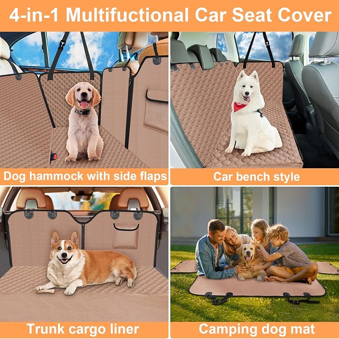 Mancro Back Seat Pet Cover for Dogs, Waterproof Dog Hammock for Car, Khaki | 600D Heavy Duty, Scratch-Resistant Back Seat Pet Cover for Dogs with PVE Nonslip Underside, Fits for Sedan, Trucks and SUVs