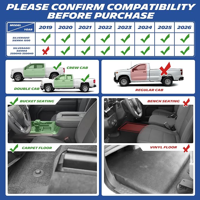 Michelin Vehicle Mats, All-Weather TPE Custom Fit Liner for 2019-2026 Silverado/Sierra 1500, 2020-2026 2500/3500, Crew Cab Bucket Seat Carpet Floor with Rear Under-Seat Storage, First Row, Premier A