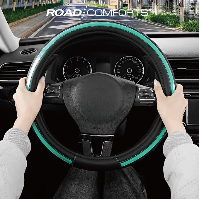Road Comforts Leather Steering Wheel Cover – Black & Green Universal Fit 14.5-15 Inch, Microfiber Leather, Anti-Slip & Breathable Design for Men and Women
