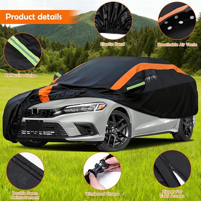 Universal Fit Car Cover for Sedan Length 178-185in, Waterproof Automobiles Cover All Weather Compatible with Toyota Corolla/Prius, Honda Civic, Nissan Sentra, Hyundai Elantra, Kia Forte
