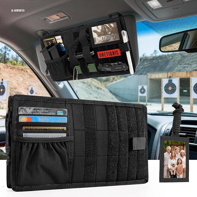 OneTigris Tactical MOLLE Sun Visor Organizer, Car Visor Panel EDC Storage | Features multi pockets with zipper pouch, detachable photo/ID panel, and glasses clip for versatile vehicle storage