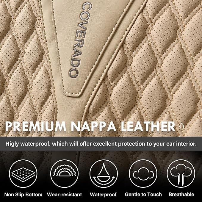 Coverado Seat Covers Front Seats, Waterproof Car Seat Covers, Luxury Leather Seat Covers for Cars, Automotive Seat Covers Leather Seat Cushion Protector Universal Fit Most Cars SUVs Trucks, Beige