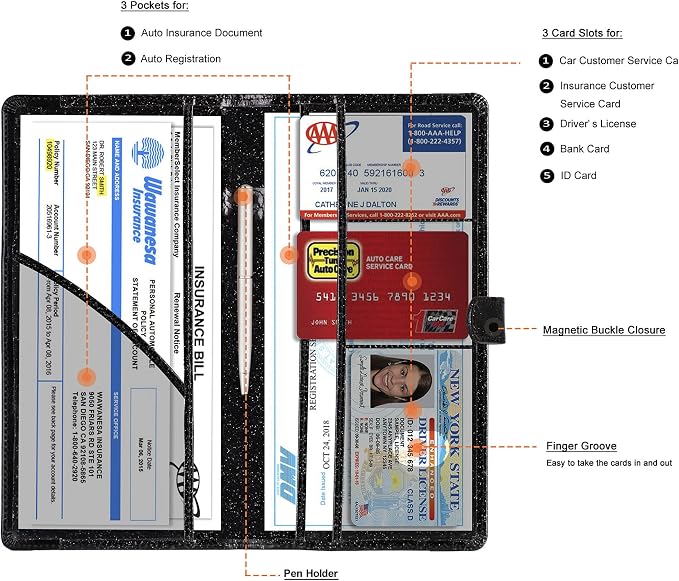 TOURSUIT Car Registration and Insurance Card Holder, Glitter Black | Vehicle License Document Organizer, Glove Box Compartment, Interior Car Accessories, For Women Men