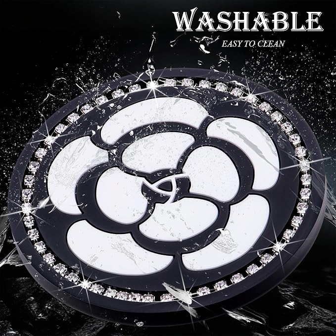 2-Pack Bling Cup Holder Coasters for Cars – 2.75 Inch Silicone Inserts – Anti-Slip, Shockproof – Decorative Vehicle Accessories for Women & Girls (White Flower)